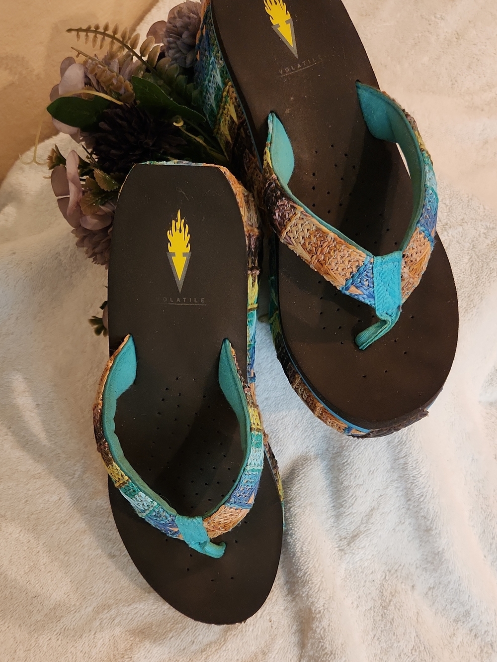 Volatile Teal Multicolor Wedge Sandals